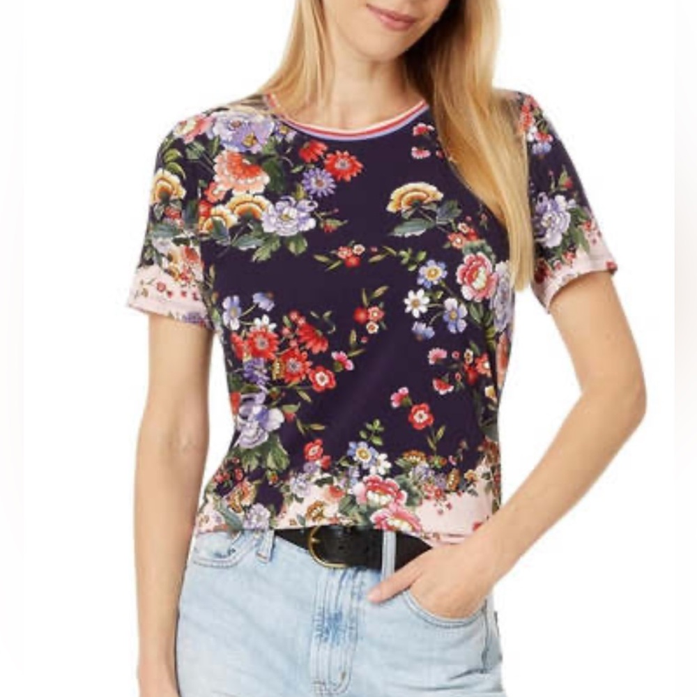 Johnny Was Navy Floral Short Sleeve Tee with Pink Trim